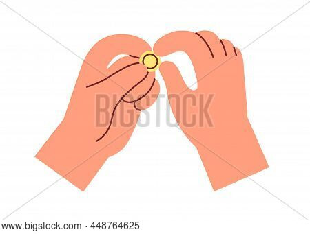 Gold Coin In Fingers. Hands Giving And Receiving Money Bonuses, Change, Financial Help, Gift And Sup