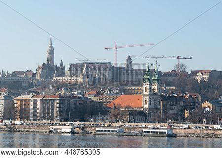 Budapest, Hungary - January 19, 2022: Buda Danube River Bank With Fisherman Bastion And Saint Anne P