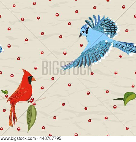 Seamless Pattern From New Collection With Birds. Red Cardinal And Blue Jay.