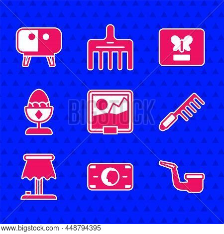 Set Picture, Stacks Paper Money Cash, Smoking Pipe, Hairbrush, Table Lamp, Chicken Egg Stand, Butter