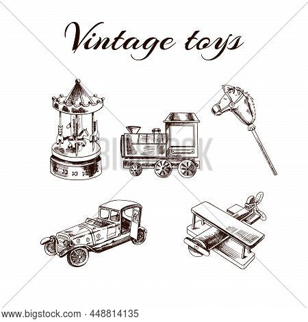 A Set Of Hand-drawn Vintage Toys: Carousel, Train, Hobby Horse, Car, Airplane. Outline Vintage Vecto