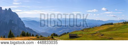 Panoramic View Of Val Gardena, Plateau Seiser Alm And Mountain Punta Euringer. South Tyrol, Italy