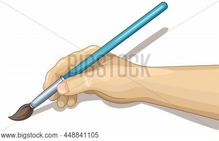 Closeup Kid Hand Holding A Paintbrush. Brush Painting On White Background. Color Vector Illustration