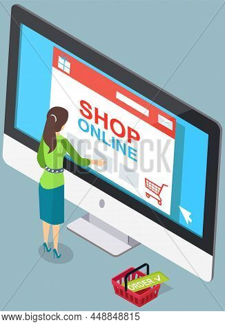 Woman Doing Online Shopping At Website. Buying Products Via Internet, Online Store Concept. Female C