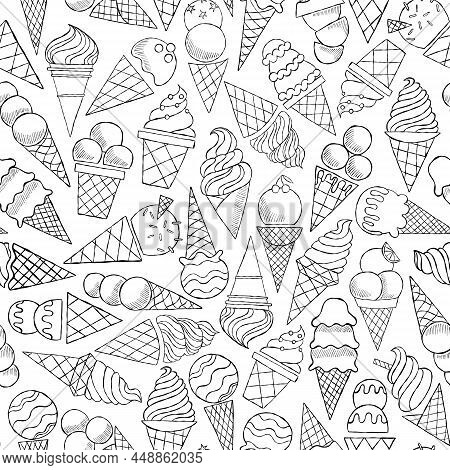 Ice Cream Seamless Pattern. Line Doodle Ice Cream Background