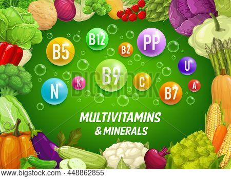 Multivitamins And Minerals In Vegetables. Cartoon Farm Veggies Healthy Food Vector Background. Veget