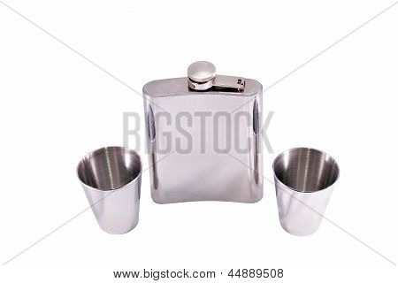 Alcohol Grooved Flask And Two Steel Drinks