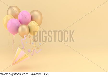 Exploding Party Popper Cone With Confetti Copy Space Text, Birthday And Anniversary Banner With Cone