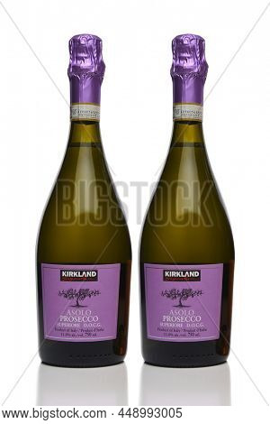 IRVINE, CALIFORNIA - 10 FEB 2022:  Two Bottles of Kirkland Signature Asolo Prosecco, a private label of Costco Wholesale.