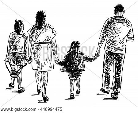 Outline Doodle Drawing Of Family Citizens Walking Outdoors Together On Summer Day