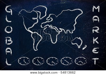 World Map And Time Zone Clocks, Business Going Global