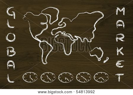 World Map And Time Zone Clocks, Business Going Global