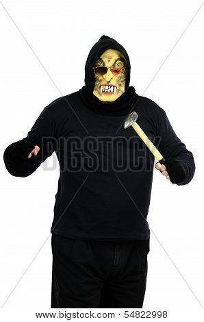 Maniac In A Mask Threatens With A Hammer