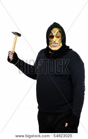 Maniac In A Mask Brandishes A Claw Hammer
