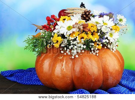 Beautiful autumn composition in pumpkin on table on bright background