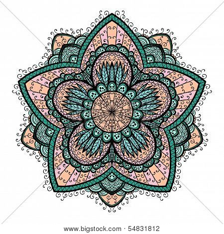 Hand Drawn Ornamental Blue And Pink Flower. Design Element