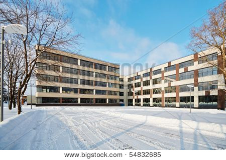 Modern office building on bright winter day