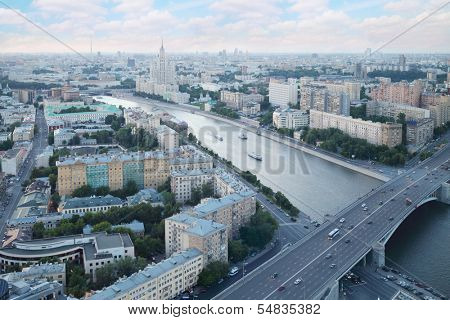 View of Moskva River and Building on Kotelnicheskaya Embankment in Moscow, Russia. View through window.