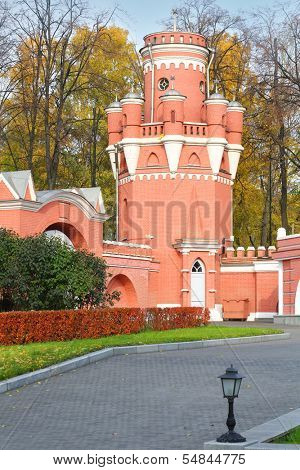 The watchtower of red brick the Petroff Palace in Moscow, which was built in the 18th century 
