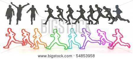 Sets Of Rough Sketch Silhouette And Colorful Running People In 3D