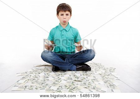 Boy Sitting On Money, Money Concept
