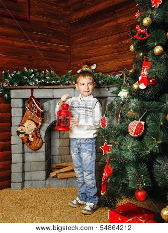 Boy, Christmas Tree And Gifts