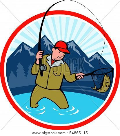 Fly Fisherman Catching Trout Fish Cartoon