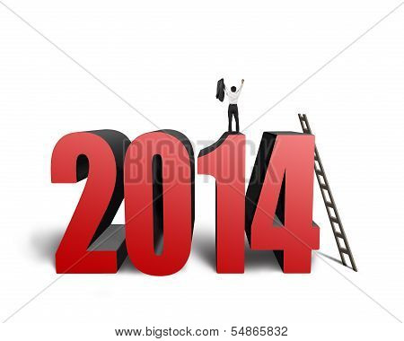 Businessman Standing On Top Of 2014 With Wooden Stepladder