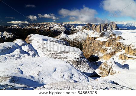 Winter alpine landscape in the Dolomites, Sella Group, Italy, Europe