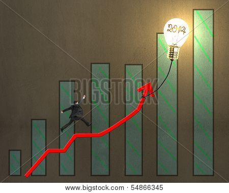 Businessman Jumping On Growth Arrow With Bar Chart, Glowing Lamp