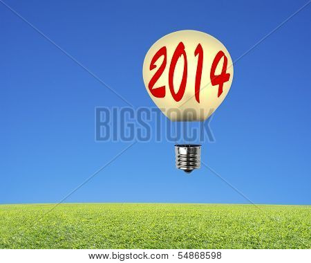 Single Lamp Balloon With 2014 Flying Over Meadow, Sky Background