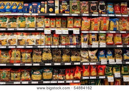 Assortment Of Italian Pasta, Macaroni In A Supermarket Siam Paragon. Bangkok, Thailand.
