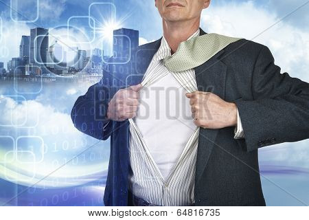 Businessman Showing Superhero Suit Underneath His Shirt Standing