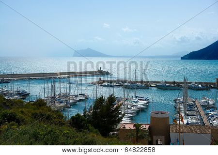 Moraira Club Nautico marina aerial view in Alicante Mediterranean sea of spain