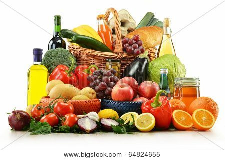 Basket with Vegetables, Fruits, Wine and Bread