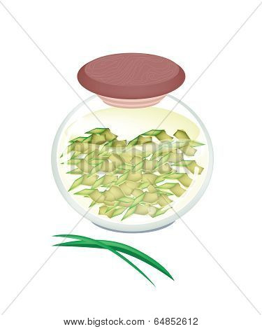 A Jar Of Pandan Tea With Pandan Leaves