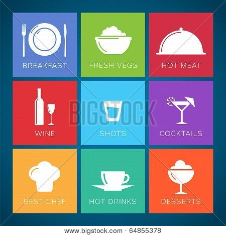Bar and restaurant flat style vector icon set.