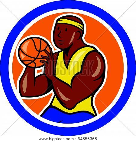 African-american Basketball Player Shooting Cartoon Circle