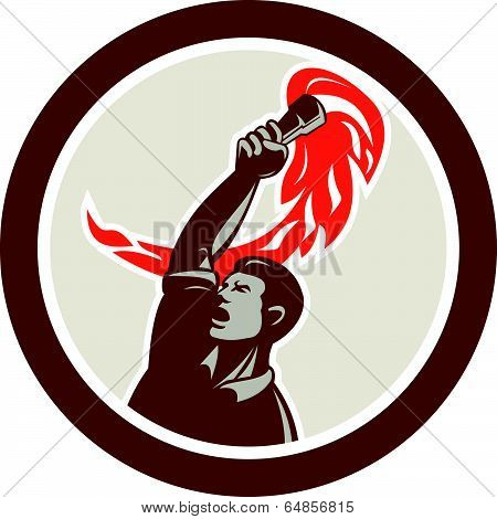 Worker Holding Up Flaming Torch Circle Retro