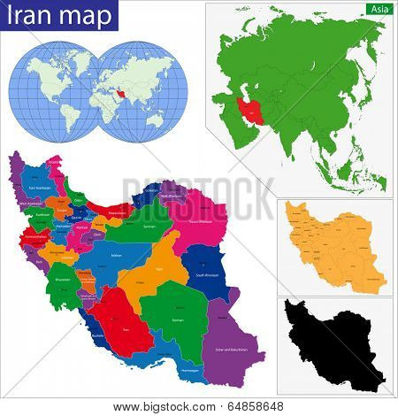 Map of the Islamic Republic of Iran with the provinces colored in bright colors