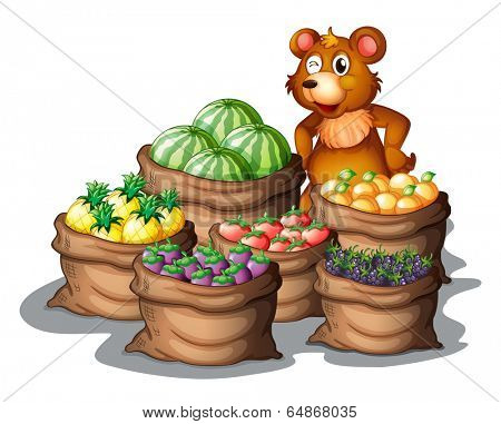 Illustration of a bear with the newly harvested fruits on a white background
