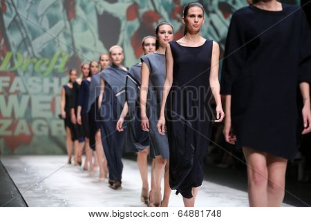 ZAGREB, CROATIA - MAY 09: Fashion model wearing clothes designed by Iva Karacic on the Zagreb Fashion Week on May 09, 2014 in Zagreb, Croatia.
