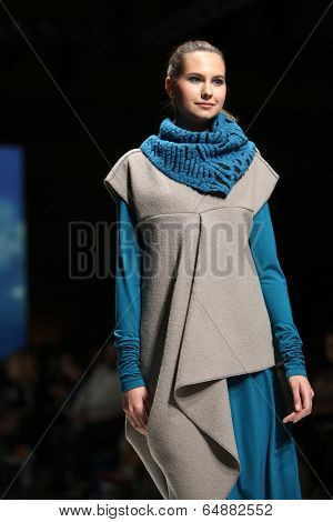 ZAGREB, CROATIA - MAY 09: Fashion model wearing clothes designed by Iva Karacic on the Zagreb Fashion Week on May 09, 2014 in Zagreb, Croatia.