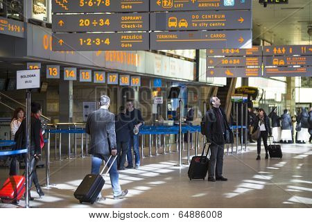 KRAKOW, POLAND - MAR 11, 2014: Terminal hall of John Paul II International Airport Krakow-Balice celebrated its 50th anniversary. The airport has one concrete runway, number 07/25, 2,550 m x 60 m.