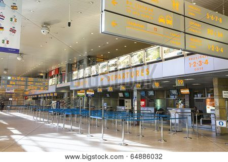KRAKOW, POLAND - MAR 11, 2014: Terminal hall of John Paul II International Airport Krakow-Balice celebrated its 50th anniversary. The airport has one concrete runway, number 07/25, 2,550 m x 60 m.