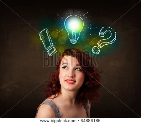 Young preety teenager with hand drawn light bulb illustration