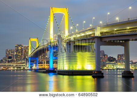 Rainbow bridge from Odaiba Tokyo at dusk in Japan