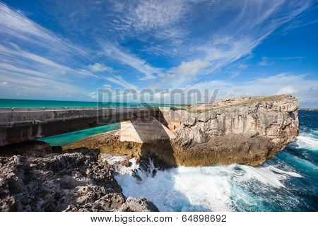Glass window bridge on Eleuthera island Bahamas where Caribbean sea meets Atlantic ocean