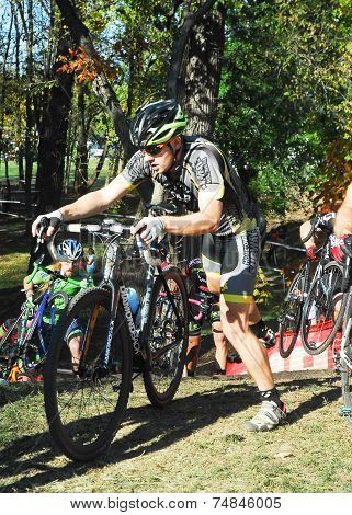 Cyclists Competing In Cyclocross Race