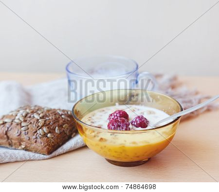 Muesli With Fresh Raspberries And Milk, Typical Scandinavian Breakfast